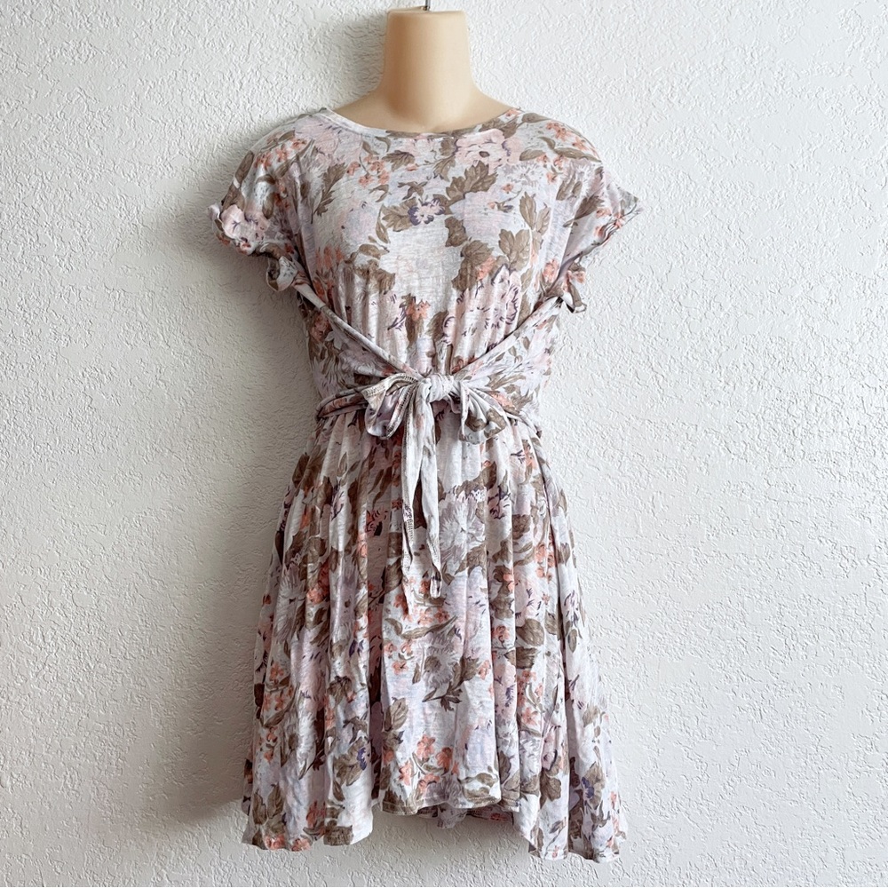 Rebecca Taylor Penelope Floral Blue Tie-Front Linen Jersey Dress XS Garden Party